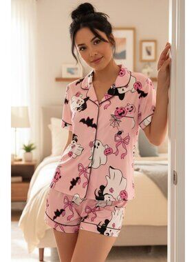 Ghost Button-Down Chest Pocket Top Shorts Halloween Lounge Set Matching Pajamas